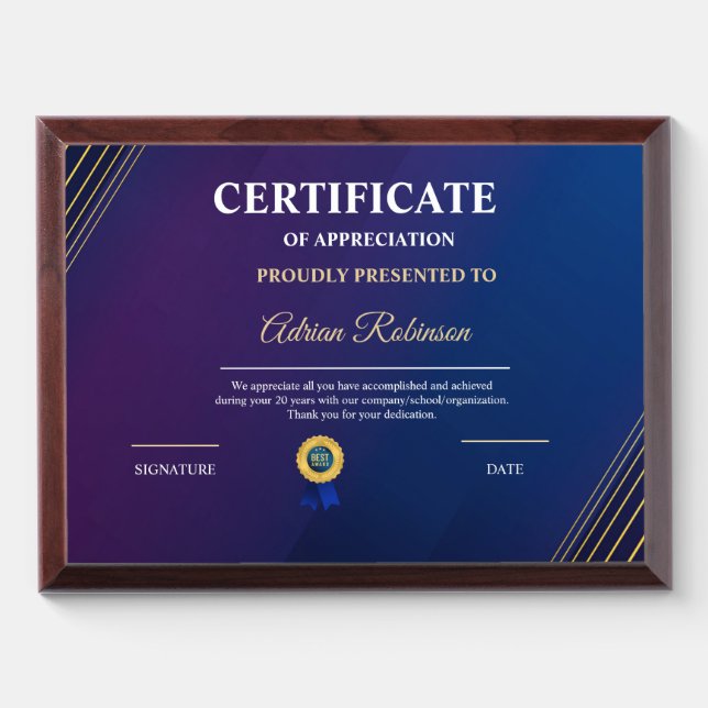 Appreciation Achievement Gold Blue Certificate Awa Award Plaque (Horizontal)