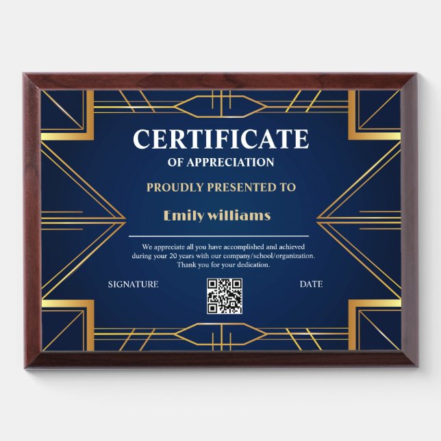 Appreciation Achievement Gold Blue Certificate Award Plaque (Horizontal)