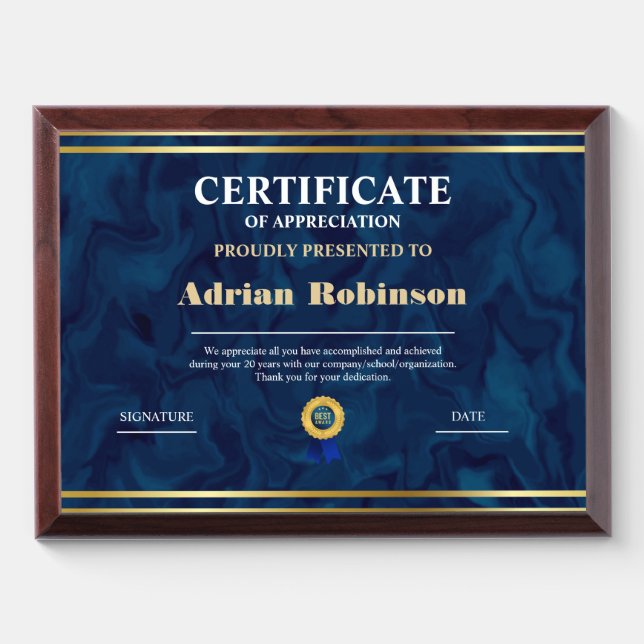 Appreciation Achievement Gold Blue Certificate Award Plaque (Horizontal)