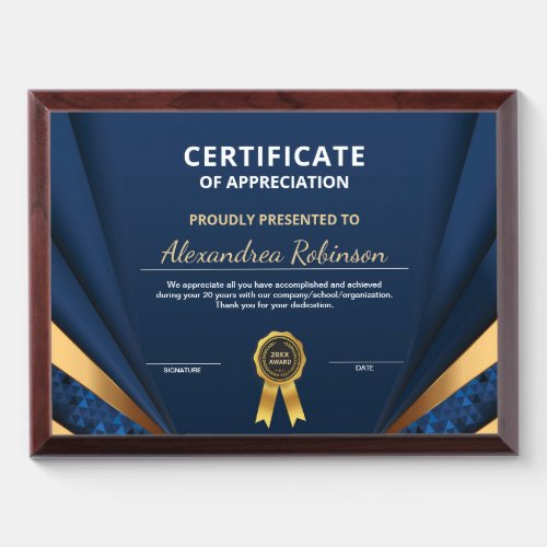 Appreciation Achievement Gold Blue Certificate  Award Plaque