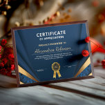 Appreciation Achievement Gold Blue Certificate  Award Plaque<br><div class="desc">Appreciation Achievement Gold Blue Certificate Award Plaque is great to present to your employees, staff, or students on how much you appreciate their contribution to your company, school or organization. Personalize and replace the information with yours. It can be used as an award to recognize a person for various events....</div>