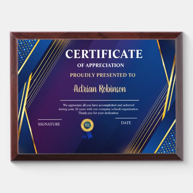 Appreciation Achievement Gold Blue Certificate Award Plaque (Horizontal)