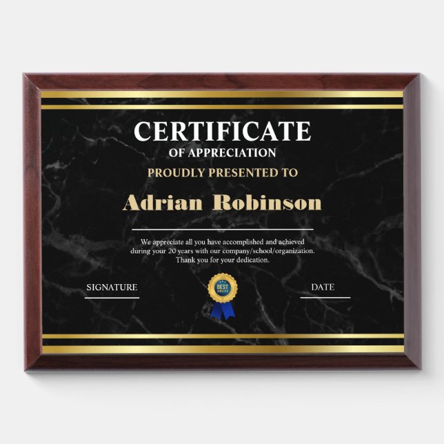 Appreciation Achievement Gold Blue Certificate Award Plaque (Horizontal)