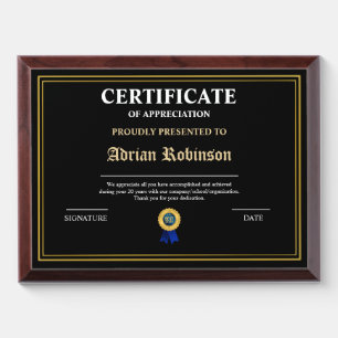 Appreciation Achievement Gold Blue Certificate Award Plaque