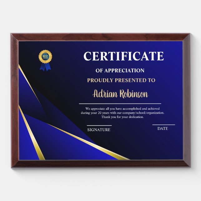 Appreciation Achievement Gold Blue Certificate Award Plaque (Horizontal)
