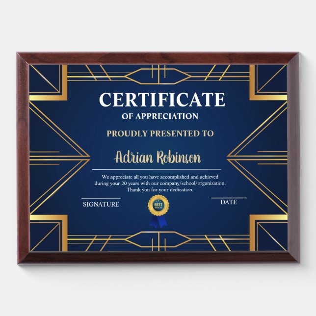 Appreciation Achievement Gold Blue Certificate Award Plaque (Horizontal)