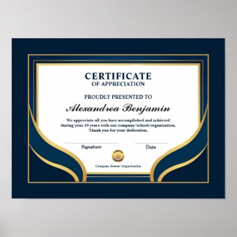 Appreciation Achievement Gold Blue Certificate Poster | Zazzle