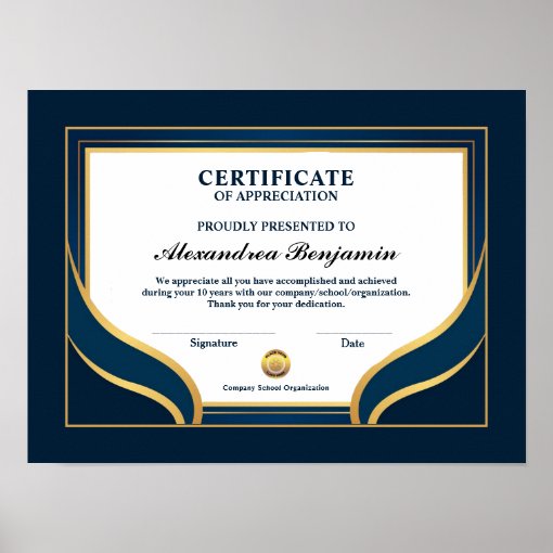 Appreciation Achievement Gold Blue Certificate Poster | Zazzle