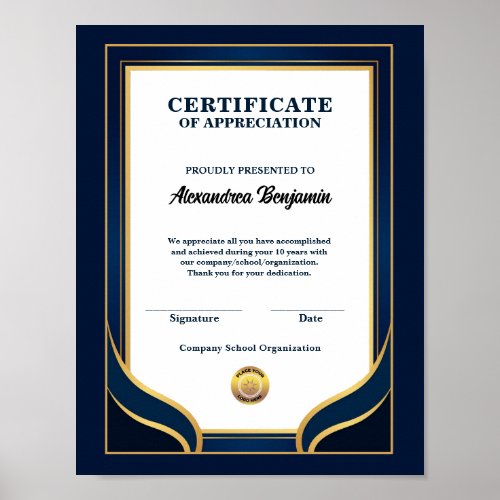 Appreciation Achievement Gold Blue Certificate
