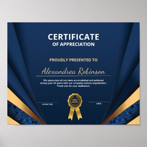Appreciation Achievement Gold Blue Certificate  Poster