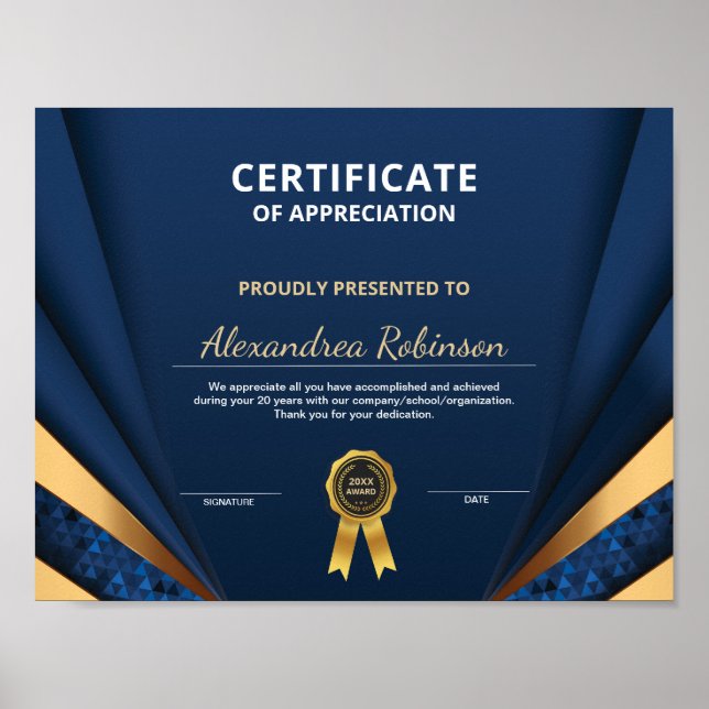 Appreciation Achievement Gold Blue Certificate  Poster (Front)