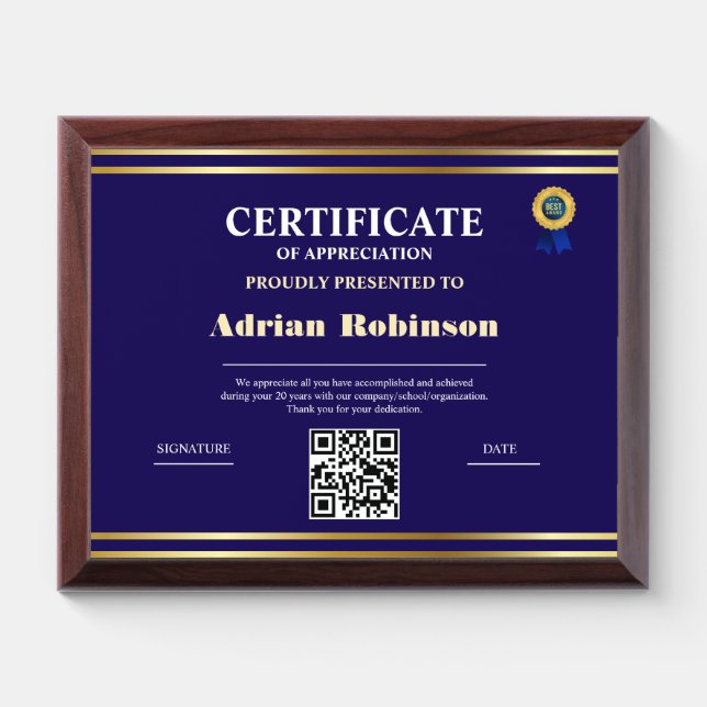 Appreciation Achievement Gold Blue Qr Code Award Plaque (Horizontal)