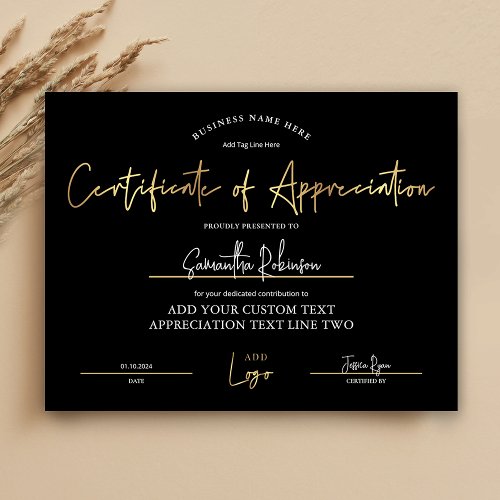 Appreciation Certificate Black Gold Diploma Award