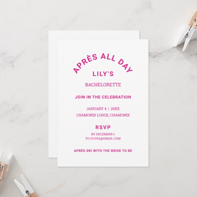 Après All Day Hot Pink Bachelorette Ski Trip Invitation (Front/Back In Situ)