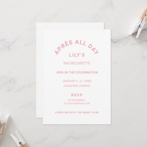 Aprs All Day Icy Pink Bachelorette Ski Weekend Invitation