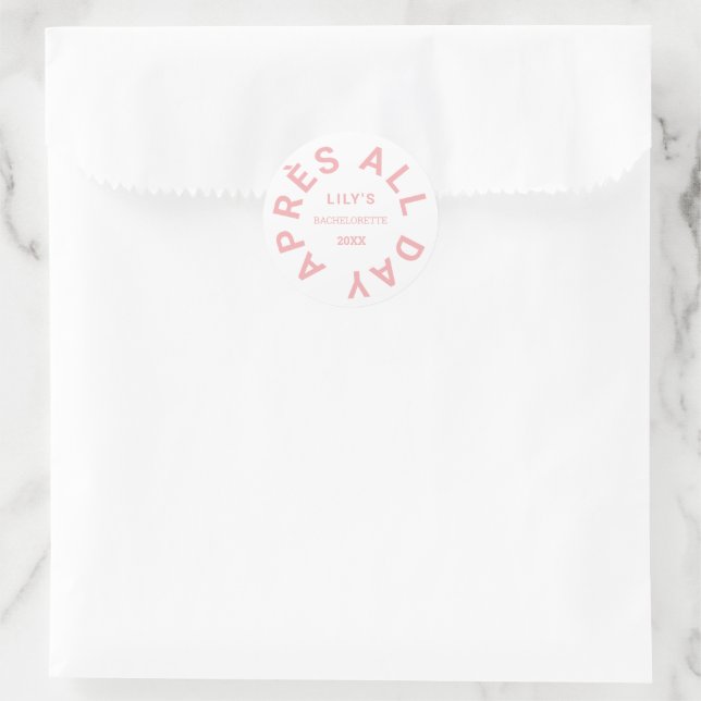 Après All Day Pink Bachelorette Party Crest Classic Round Sticker (Bag)
