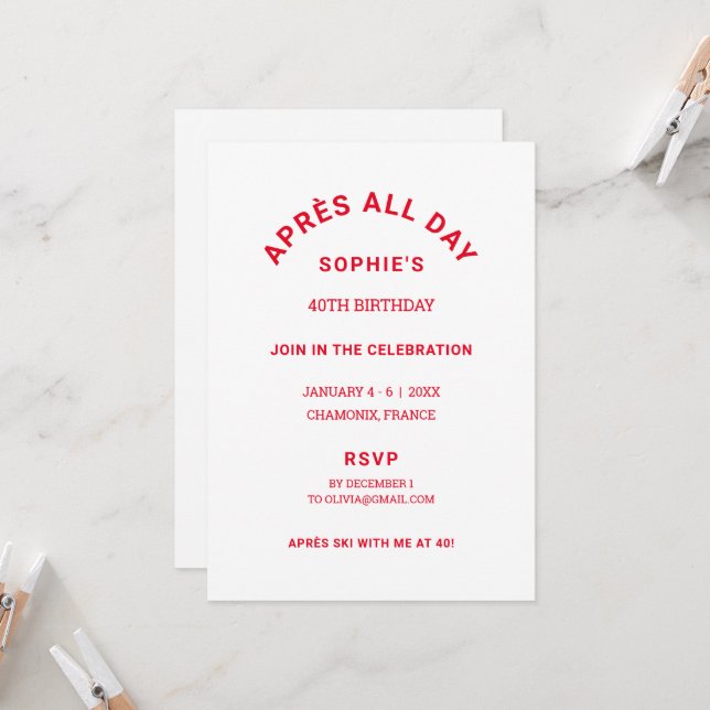 Après All Day Winter Red 40TH Birthday Ski Weekend Invitation (Front/Back In Situ)