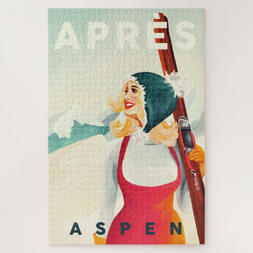 Apres Ski Aspen Cool Vintage Pinup Girl Skiing Jigsaw Puzzle