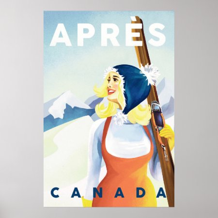 "apres Ski Canada" Cool Vintage Pinup Girl Skiing Poster