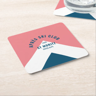 Après Ski Club Pink Navy Retro Style Ski Party Square Paper Coaster