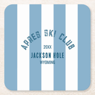 Apres Ski Club Retro Blue Cabana Stripe Ski Party Square Paper Coaster