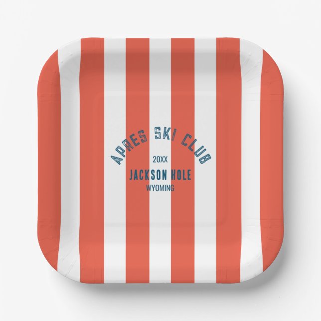 Apres Ski Club Retro Red Cabana Stripe Ski Party Paper Plates (Front)