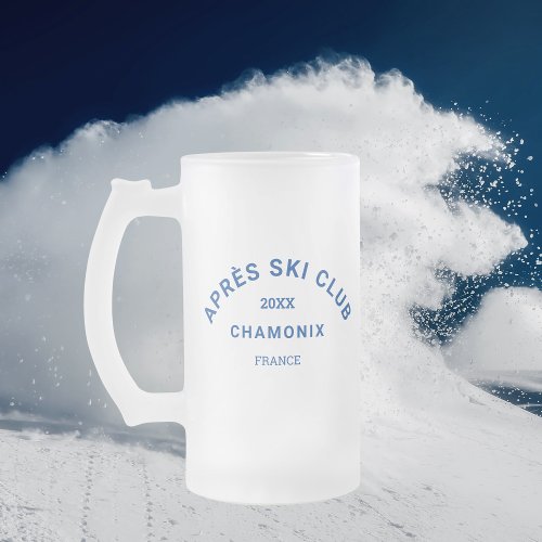 Aprs Ski Club Winter Blue Ski Resort Crest Frosted Glass Beer Mug