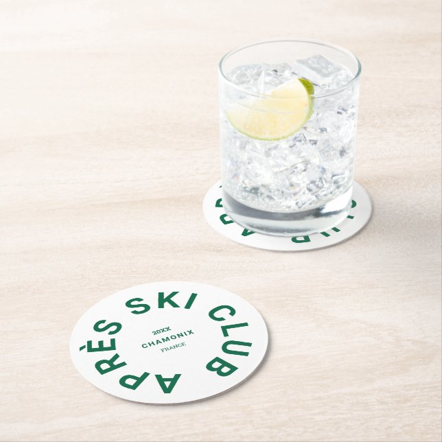 Après Ski Club Winter Green Ski Resort Crest Round Paper Coaster (Insitu)