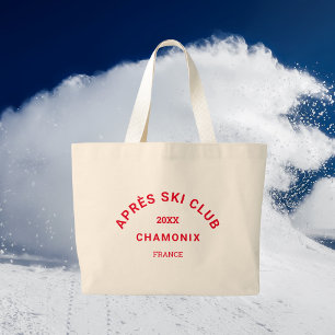 Après Ski Club Winter Red Ski Resort Crest Large Tote Bag