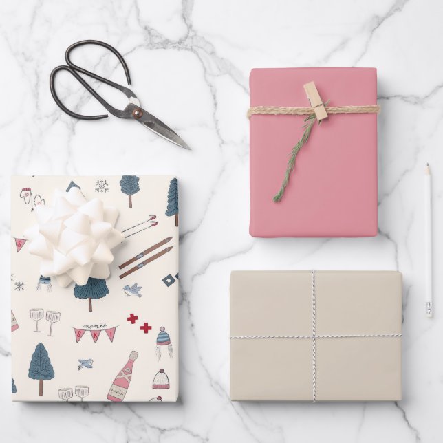 Apres Ski Lover Winter Pink Champagne Wrapping Paper Sheets (Front)