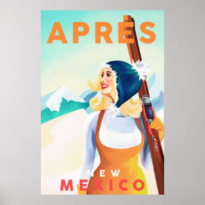 "Apres Ski New Mexico" Cool, Retro Pinup Skiing Poster
