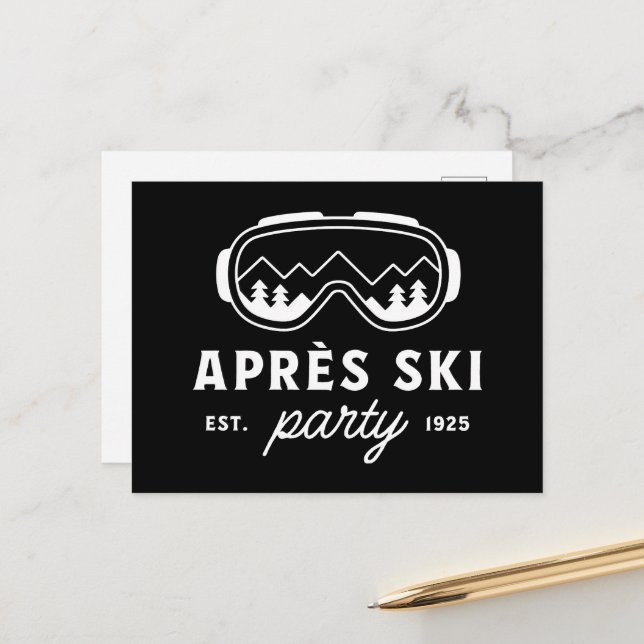 Apres ski party mountain cabin winter holiday postcard (Front/Back In Situ)
