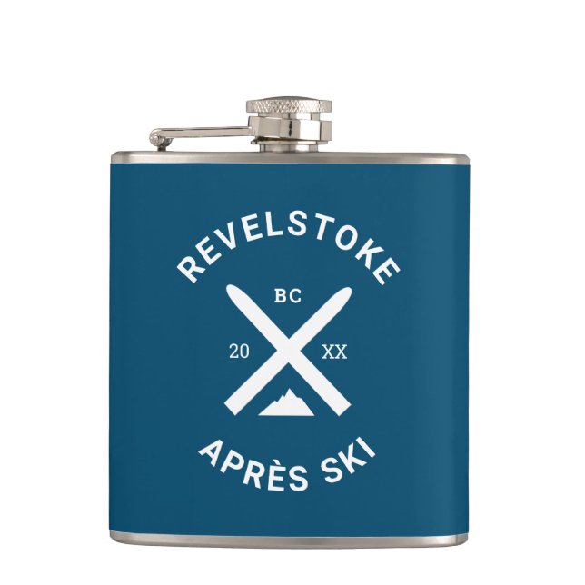 Après Ski Revelstoke Mountain Crossed Skis Crest Flask (Front)