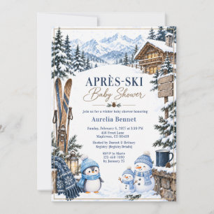 Apres Ski Winter Baby Shower Mountain Snow Penguin Invitation