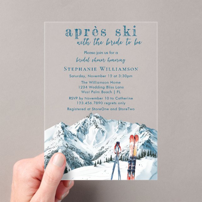 Apres Ski Winter Mountain Watercolor Bridal Shower Acrylic Invitations (Insitu (Handheld))