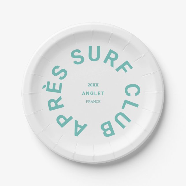 Après Surf Club Turquoise Surfers Social Crest Paper Plates (Front)