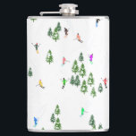 Apres Winter Ski Skiers Flask<br><div class="desc">Modern ski illustration with colorful mountain skiers,  skiing downhill around snow-covered pine trees. Ski home decor and gifts</div>