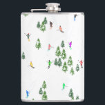 Apres Winter Ski Skiers Flask<br><div class="desc">Modern ski illustration with colorful mountain skiers,  skiing downhill around snow-covered pine trees. Ski home decor and gifts</div>