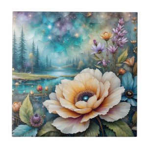 Apricot and Blue Cosmos river forest landscape Ceramic Tile