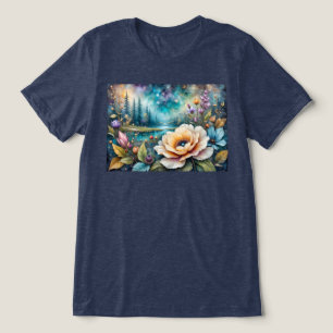 Apricot and Blue Cosmos river forest landscape Tri-Blend Shirt