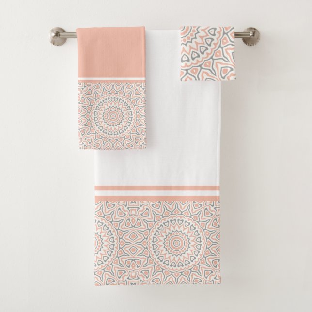 Apricot and Grey Modern Mandala Bath Towel Set (Insitu)