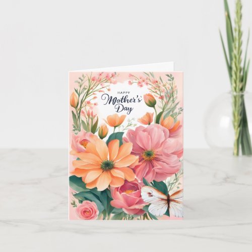 Apricot and Pink Flowers Butterfly Mothers Day Holiday Card