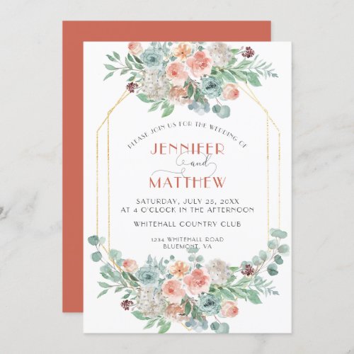 Apricot and Wasabi Green Gold Geometric Floral Invitation