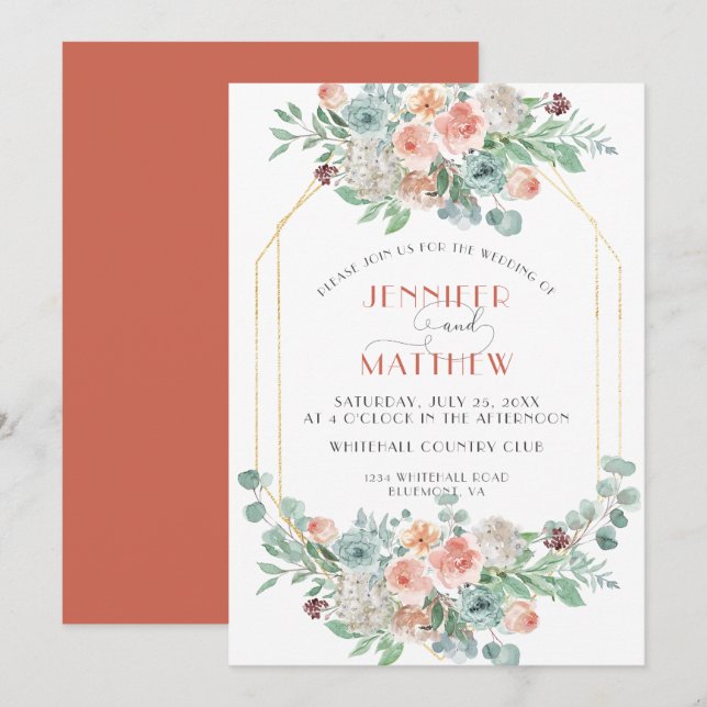 Apricot and Wasabi Green Gold Geometric Floral Invitation (Front/Back)
