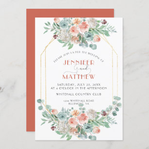 Apricot and Wasabi Green Gold Geometric Floral Invitation