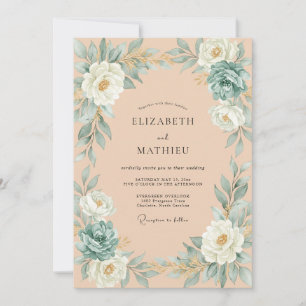 Apricot Aqua Leafy Wedding Invitation