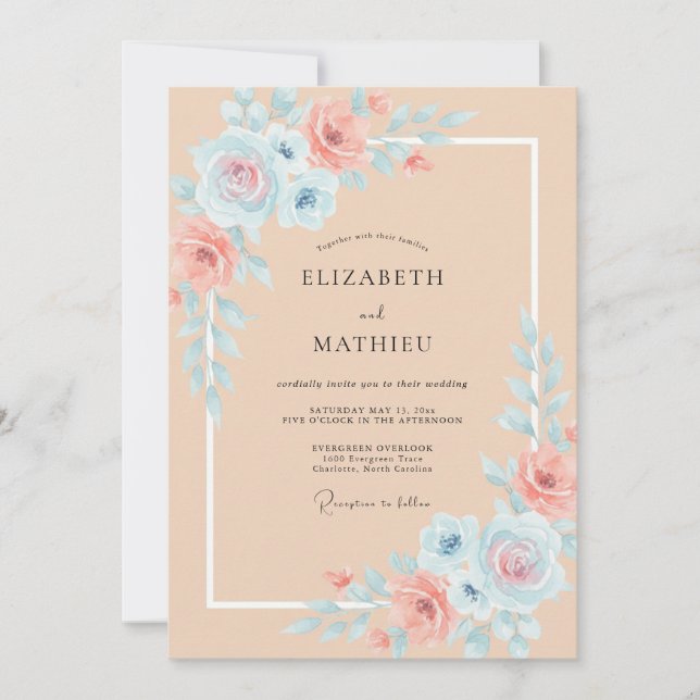 Apricot Aqua Watercolor Wedding Invitation (Front)