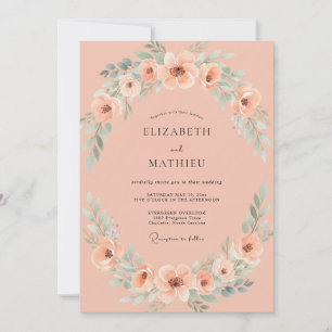 Apricot Aqua Wreath Wedding Invitation