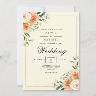 Apricot Bloom Corner Flourish Wedding Invitation