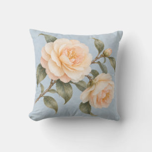 Apricot Camellia Blossoms Powder Blue Botanical Throw Pillow
